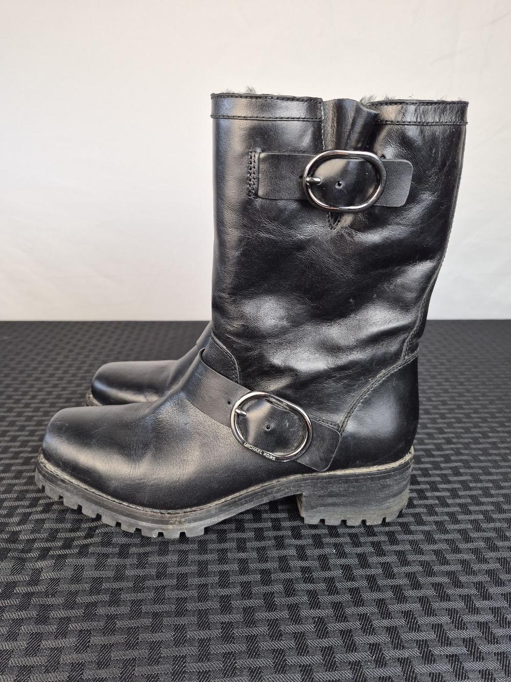 Michael Kors Black Leather Buckle Moto Boots with Shearling Trim - Picture 2 of 10